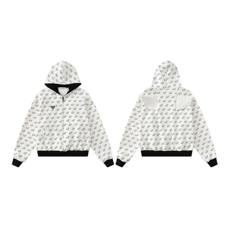 Women's hooded sweatshirt jacket with all-over wing design, full zip and contrasting cuffs Chichicherry