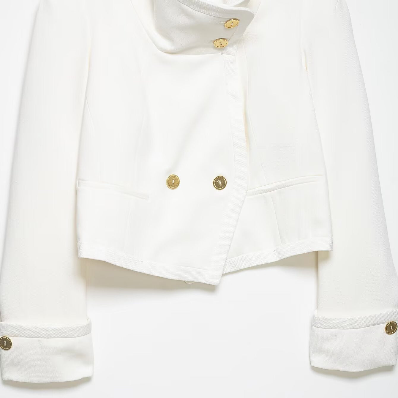 Women's Cropped Blazer with High Stand Collar, Double-Breasted Button Placket and Decorative Cuffs Chichicherry