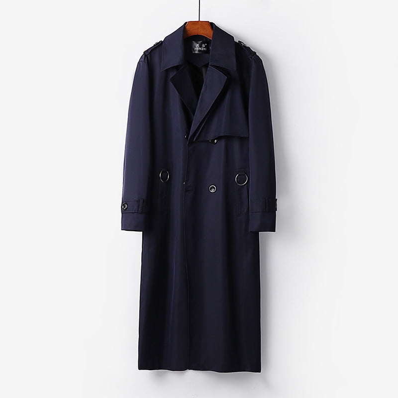 Men's Elegant Ankle-Length Trench Coat with Concealed Button Placket and Waist Belt Chichicherry