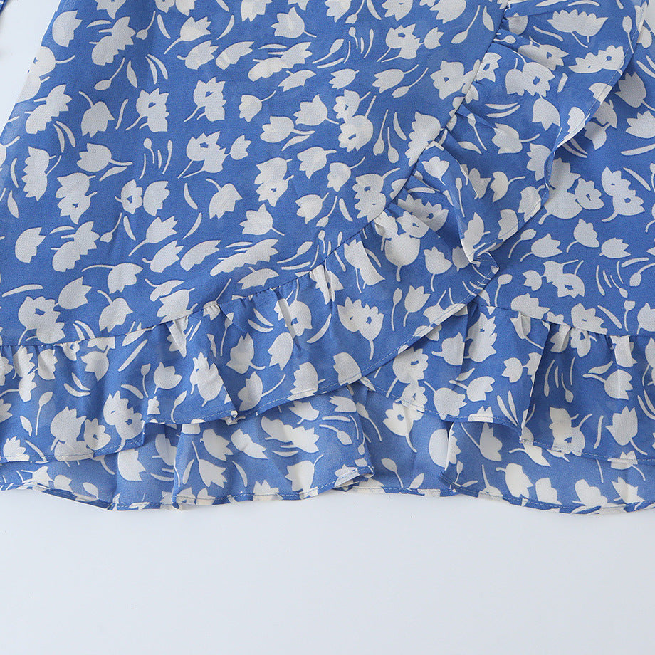 Women's Floral Chiffon Wrap Dress with Shoulder Ruffles and Belted Waist Chichicherry