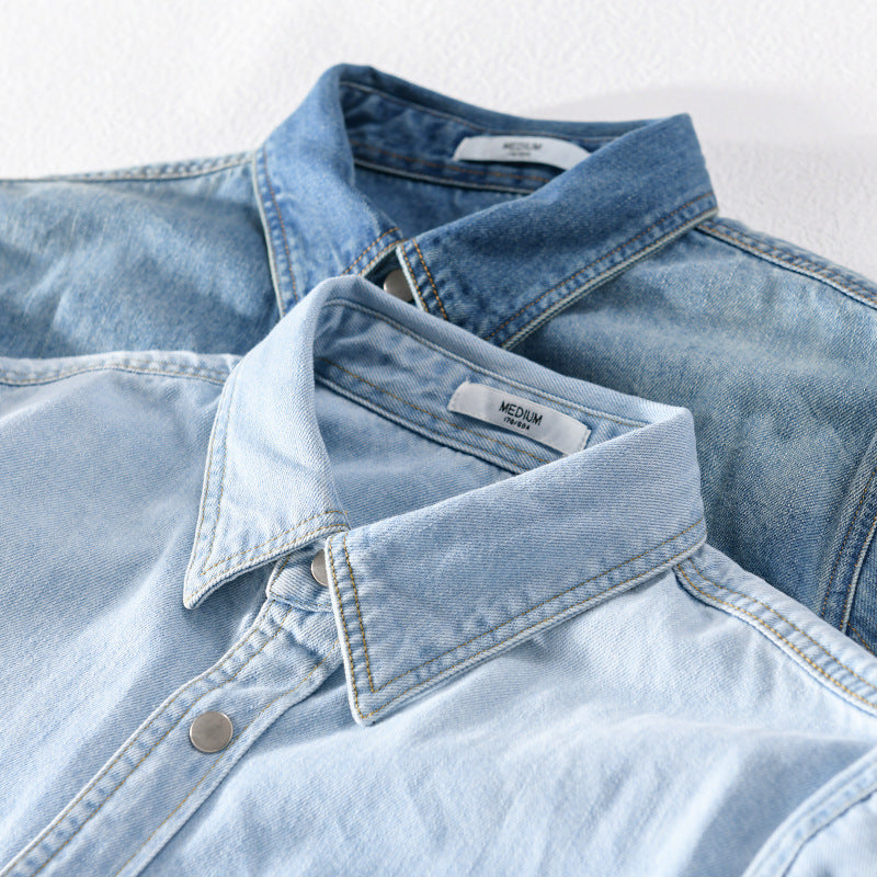 Men's vintage denim shirt jacket in overshirt look with press studs and contrast stitching Chichicherry