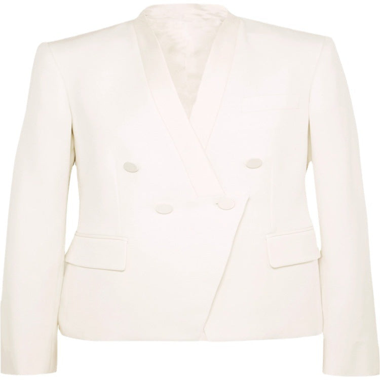 Women's Couture Double-Breasted Blazer with Minimalistic Shawl Collar and Concealed Fabric Buttons Chichicherry