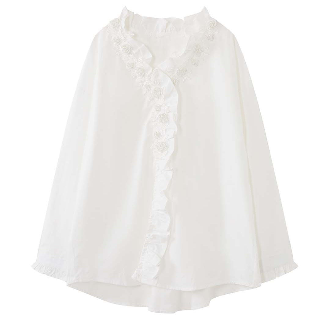 Women Oversize Blouse with Ruffle Trim and Lace Trim Chichicherry