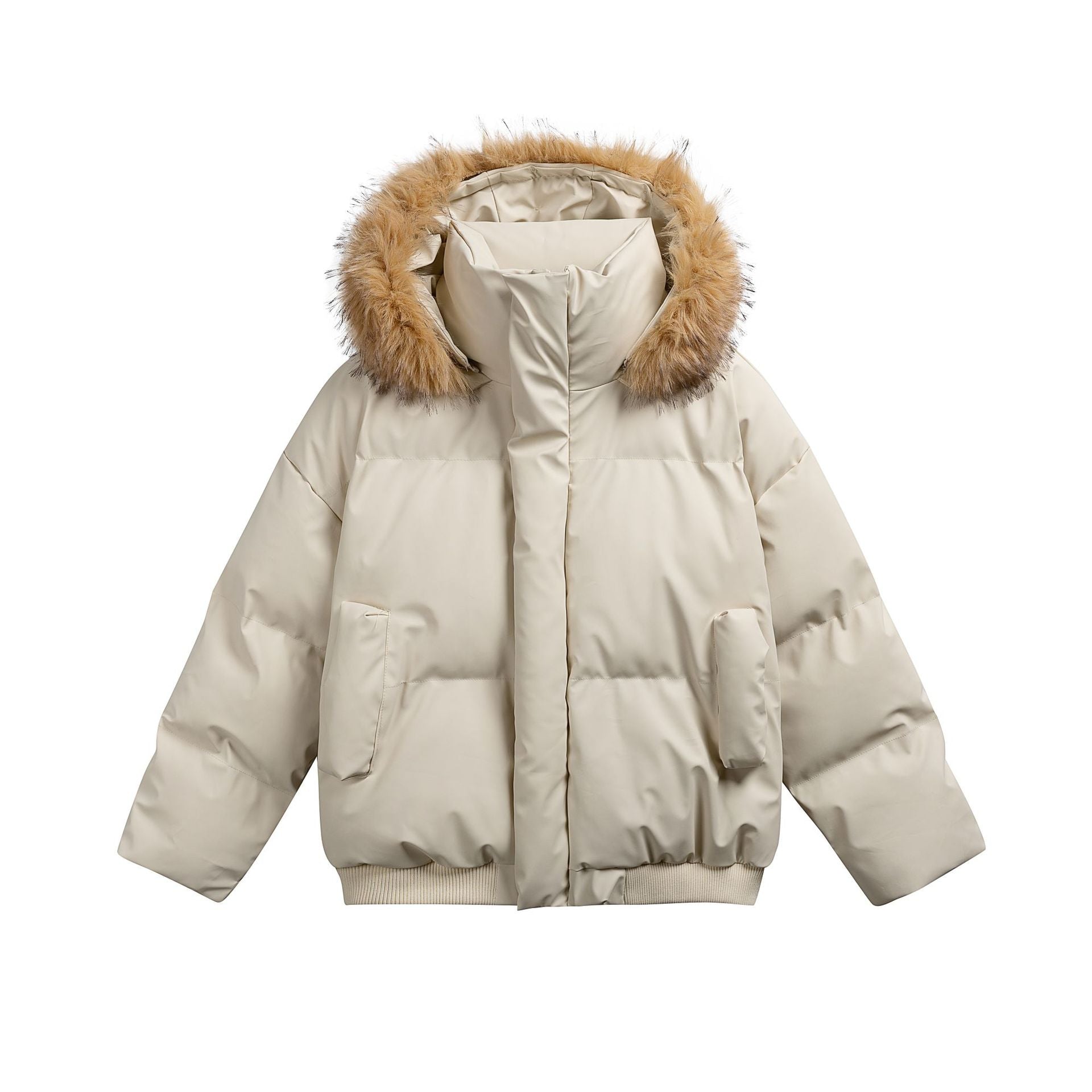 Women's Padded Short Quilted Jacket with Faux Fur Hood and Ribbed Hem Chichicherry