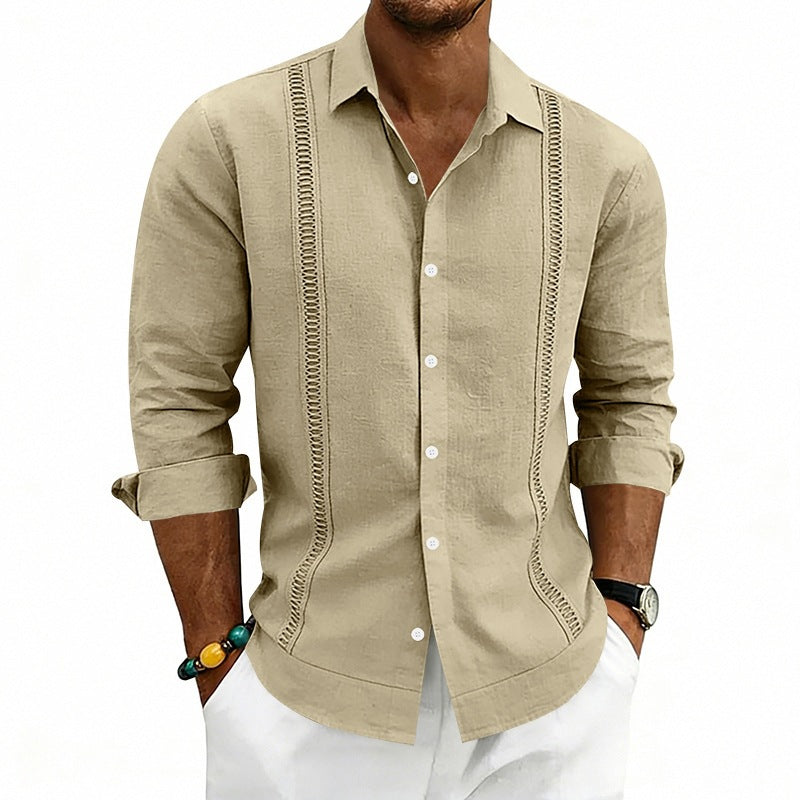Men's Lightweight Cotton Long Sleeve Shirt with Decorative Stitches and Kent Collar Chichicherry