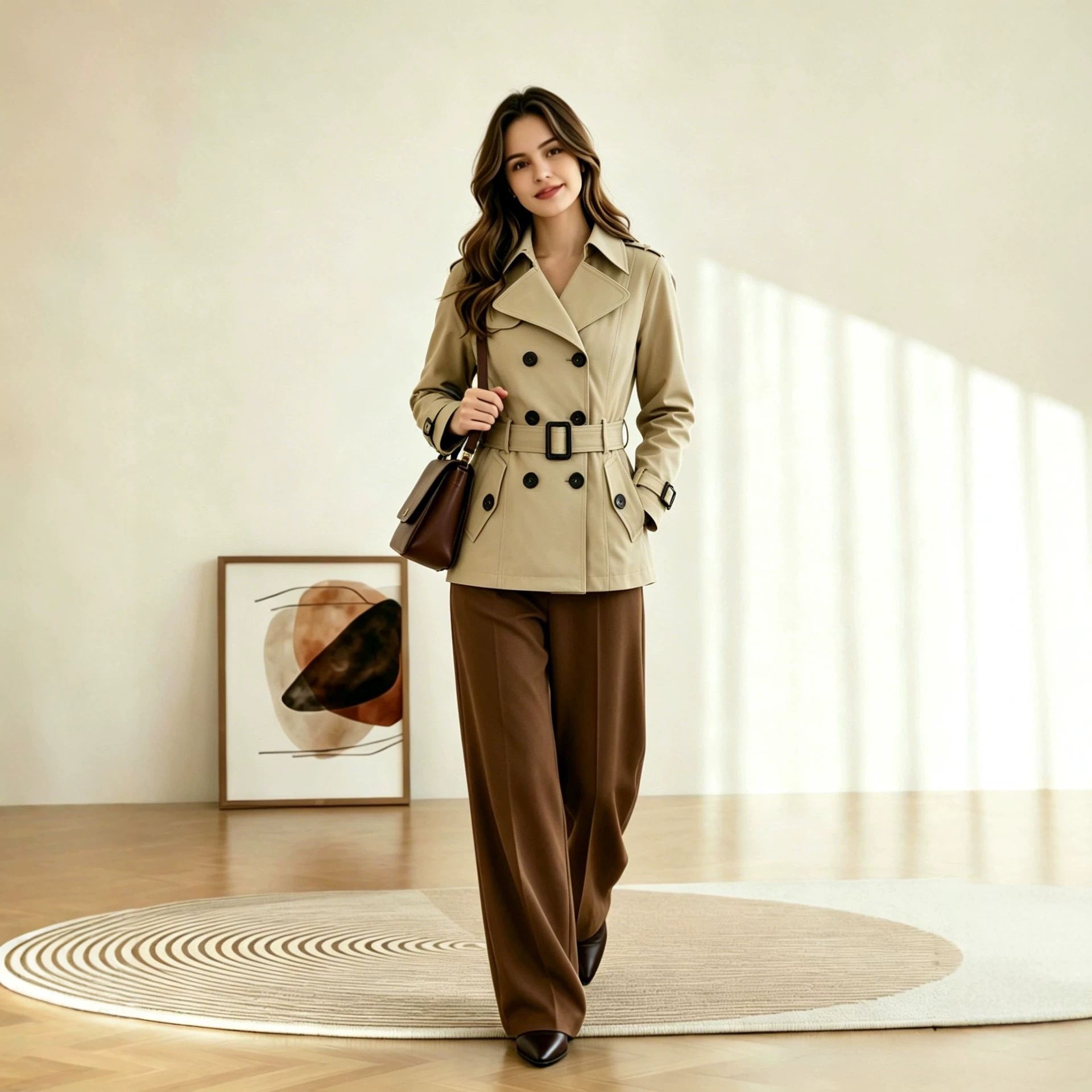 Women Short Tailored Double-breasted Trench Coat with Distinctive Belt Buckle Chichicherry