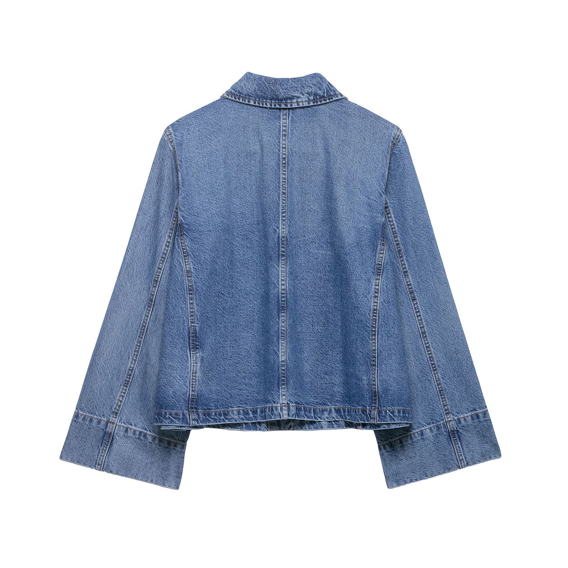 Women's Cropped Oversized Denim Jacket with Large Patch Pockets and Visible Button Placket Chichicherry