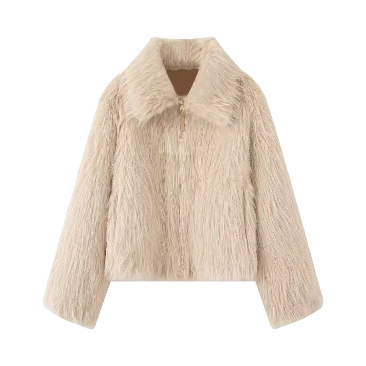 Women Short Faux Fur Cropped Jacket with Voluminous Shawl Collar and Front Zipper Chichicherry