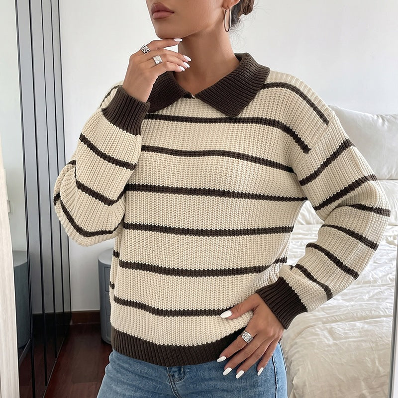 Women's Striped Knit Polo Sweater with Contrast Collar and Loose Oversize Fit Chichicherry