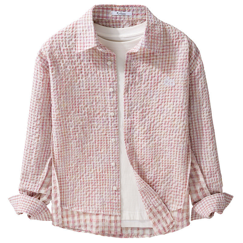 Women's Relaxed-Fit Crinkle Shirt Jacket with fine Gingham weaving structure and subtle chest embroidery Chichicherry