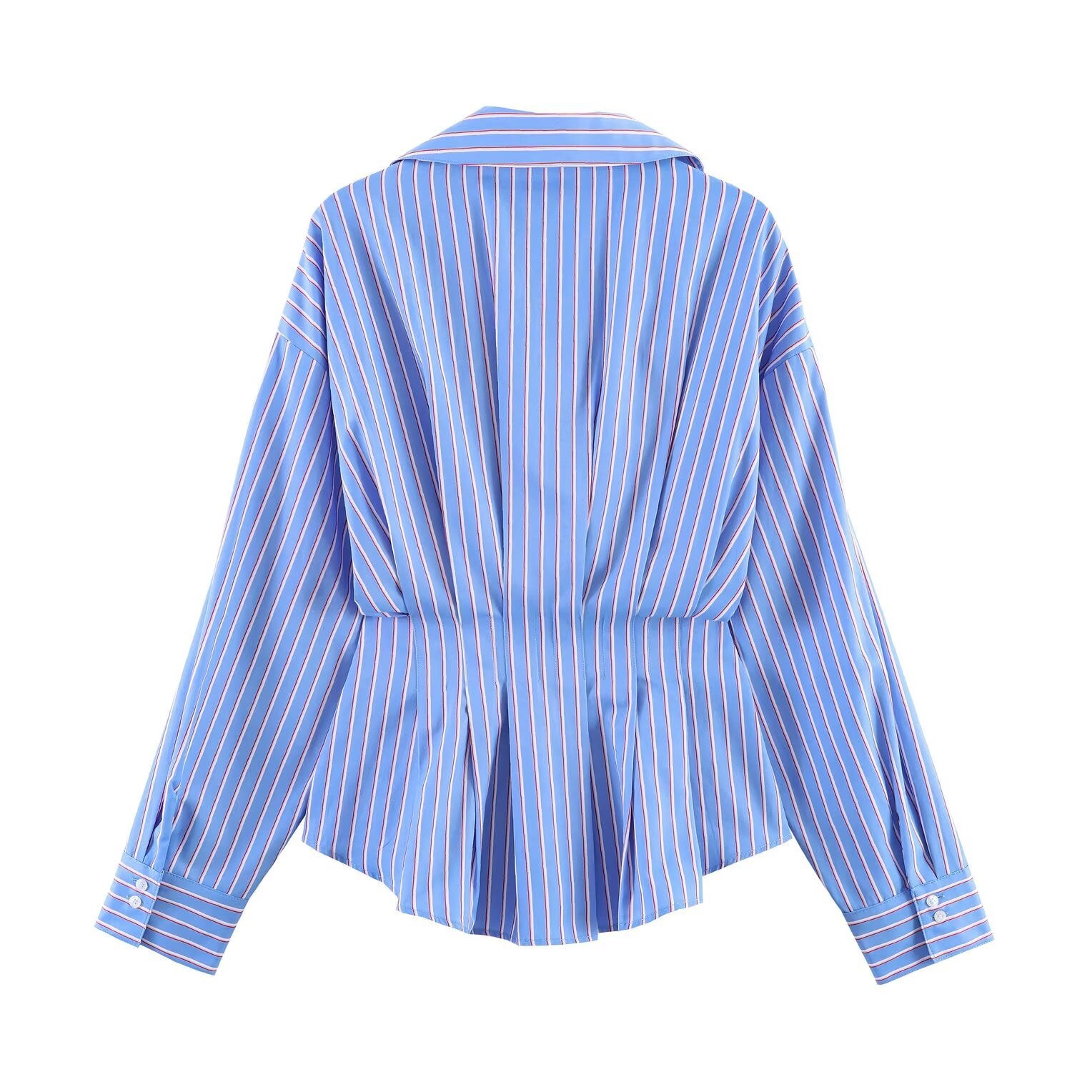 Women Striped Oversized Blouse with Tailoring Gatherings and Shirt Collar Chichicherry