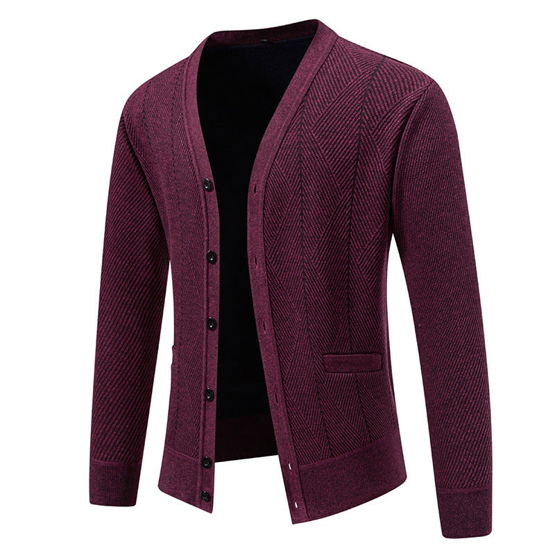 Men's Structured Fine Knit Cardigan with Chevron Pattern, V-Neck and Insert Pockets Chichicherry