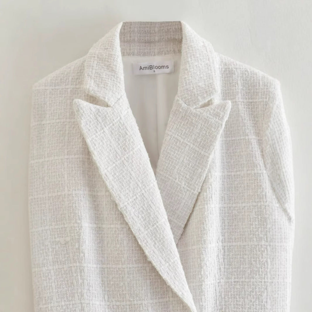 Women's Double-Breasted Boucle Tweed Blazer with Shawl Collar and Flap Pockets Chichicherry