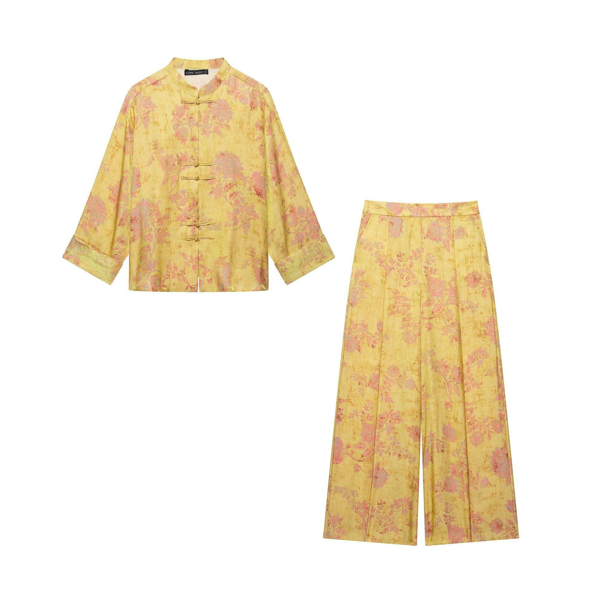 Women Two-Piece Jacquard Set with Stand Collar and Knot Closures Chichicherry
