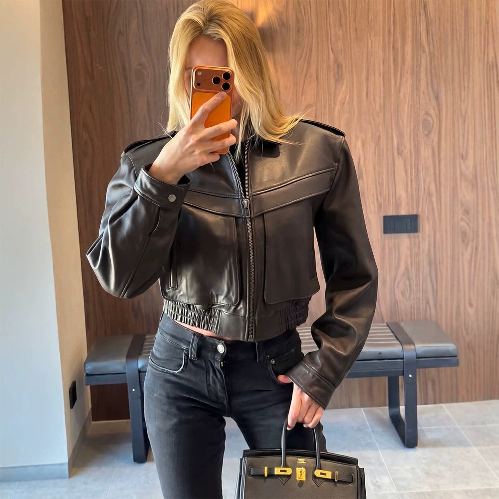 Women's short-cut leather jacket with elastic hem and patch chest pockets Chichicherry