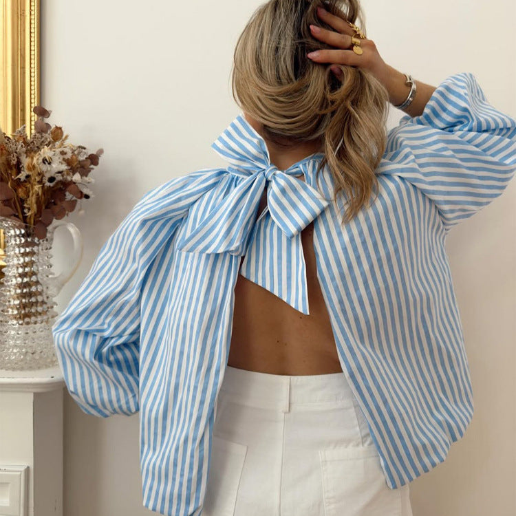 Women Backless Striped Blouse Top with Bow Collar Chichicherry