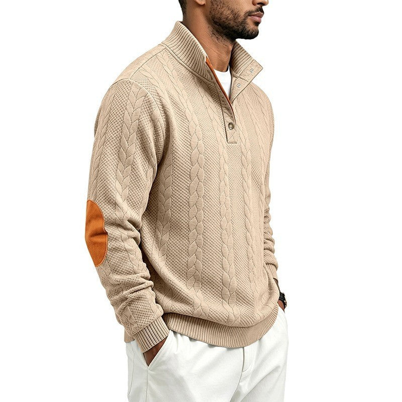 Men's Noble Cable Knit Sweater with Short Button Placket and Elbow Patches Chichicherry