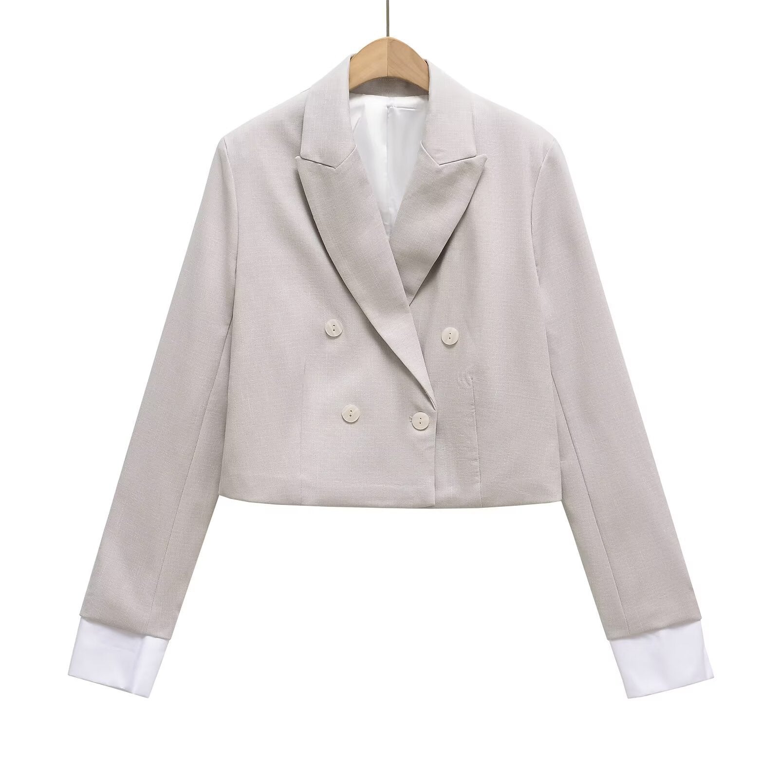 Women Cropped Double-Breasted Blazer with Lapel Collar Chichicherry