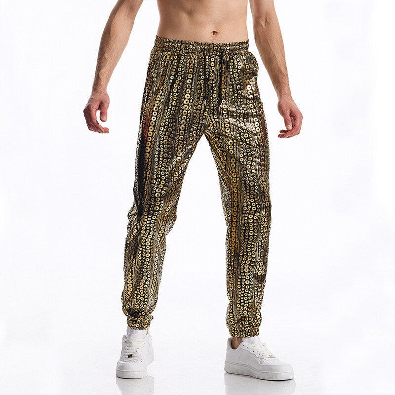 Men's Tapered Jogging Pants with Elastic Waistband, Drawstring and Metallic Circle Print Chichicherry