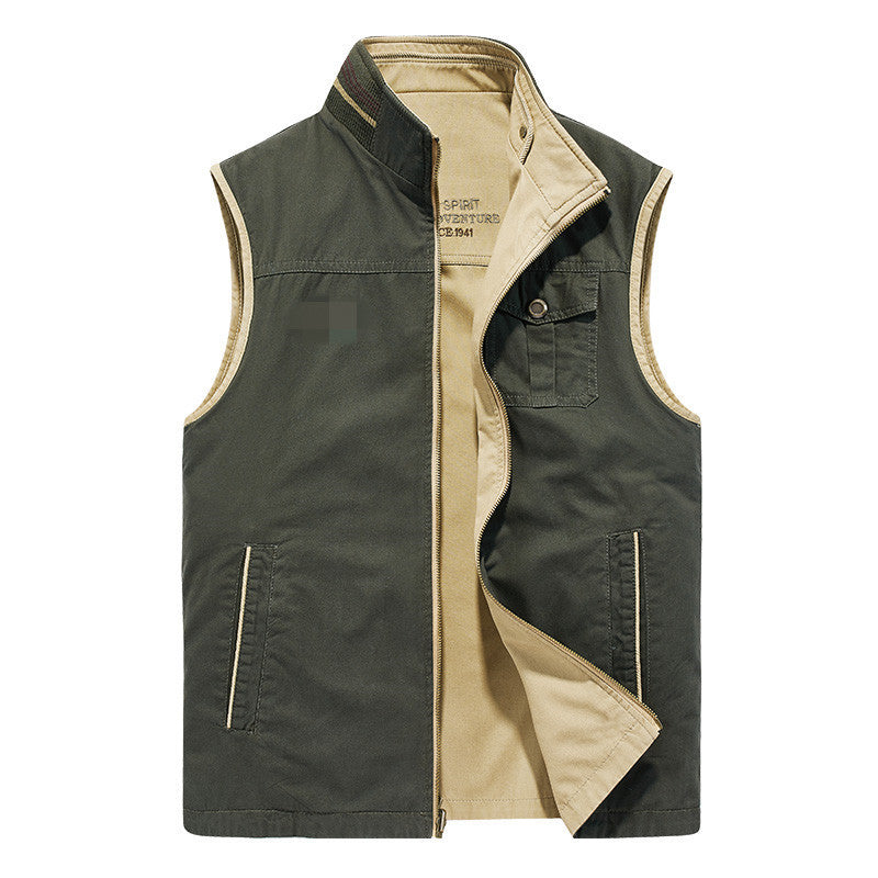 Men's Canvas Utility Vest with Stand Collar, Full-Length Zipper, and Multifunctional Outer Pockets Chichicherry