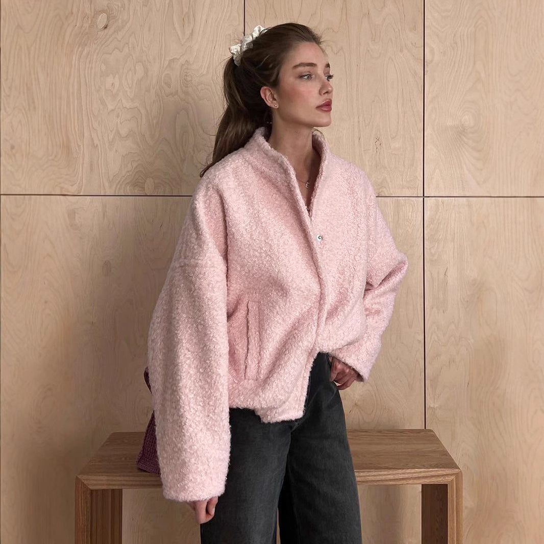 Women's teddy jacket in bouclé look with round neck, oversized fit and insert pockets Chichicherry