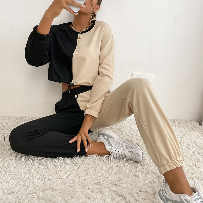 Women's Two-Tone Cropped Jogging Set with Drawstring, Elastic Cuffs, and Boxy Cut Chichicherry