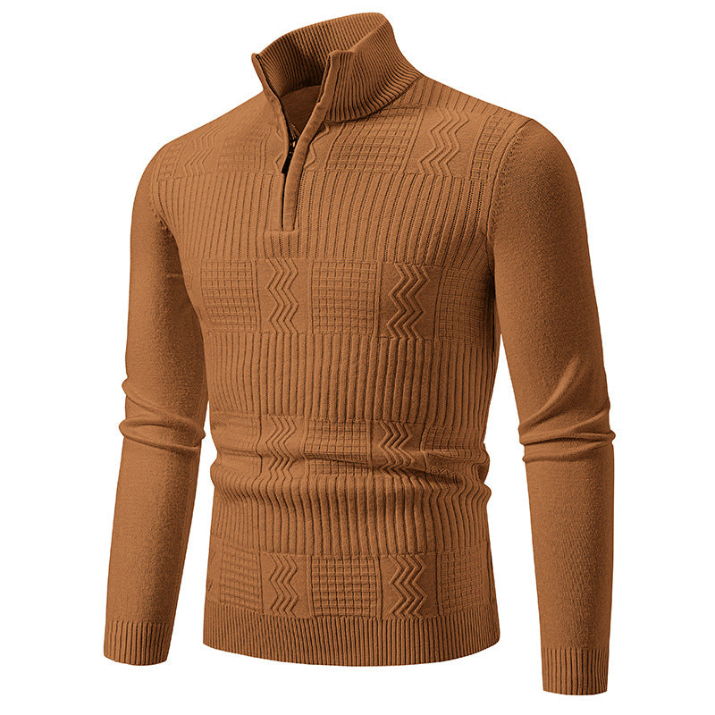 Men's Structured Half-Zip Mock Neck Pullover with Cable Knit Pattern Chichicherry