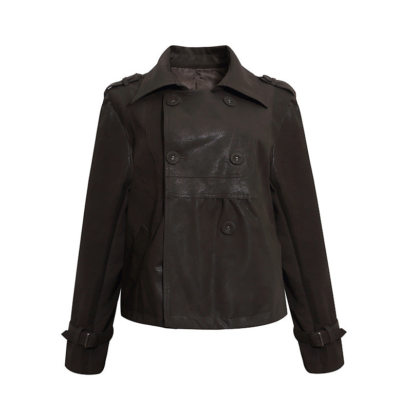 Women's Cropped Double-Breasted Leather Jacket in Trench Style with Epaulettes Chichicherry