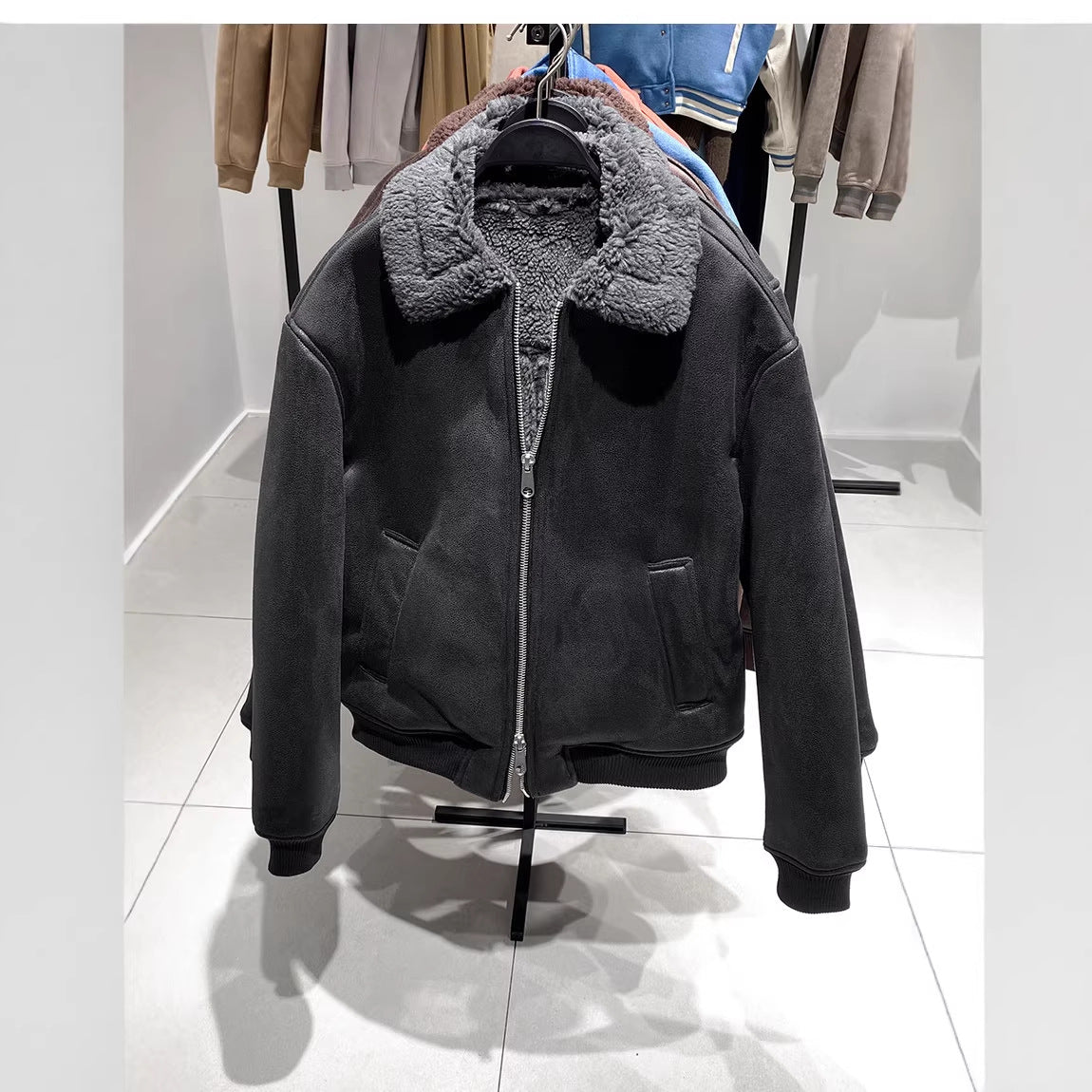 Men's Quilted Bomber Jacket with Teddy Collar and Ribbed Cuffs Chichicherry