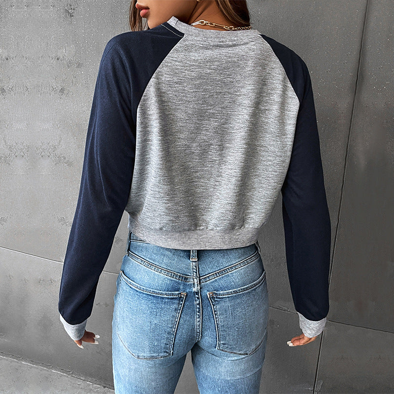 Women's Cropped Raglan Sweatshirt with Mountain Motif, Gathered Hem and Contrast Sleeves Chichicherry