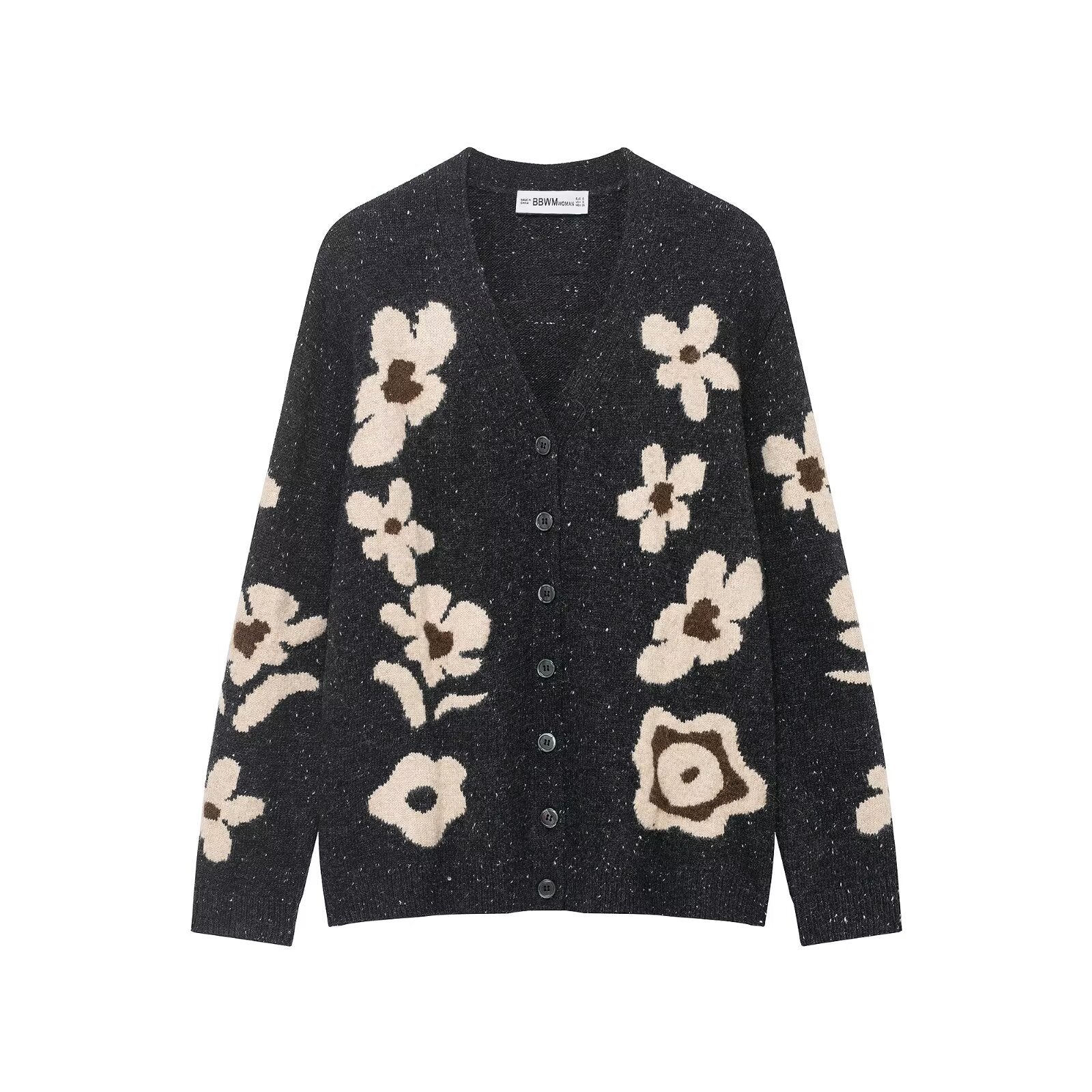 Ladies' knitted cardigan with leopard jacquard, embellished decorative buttons with pearls and short hem Chichicherry