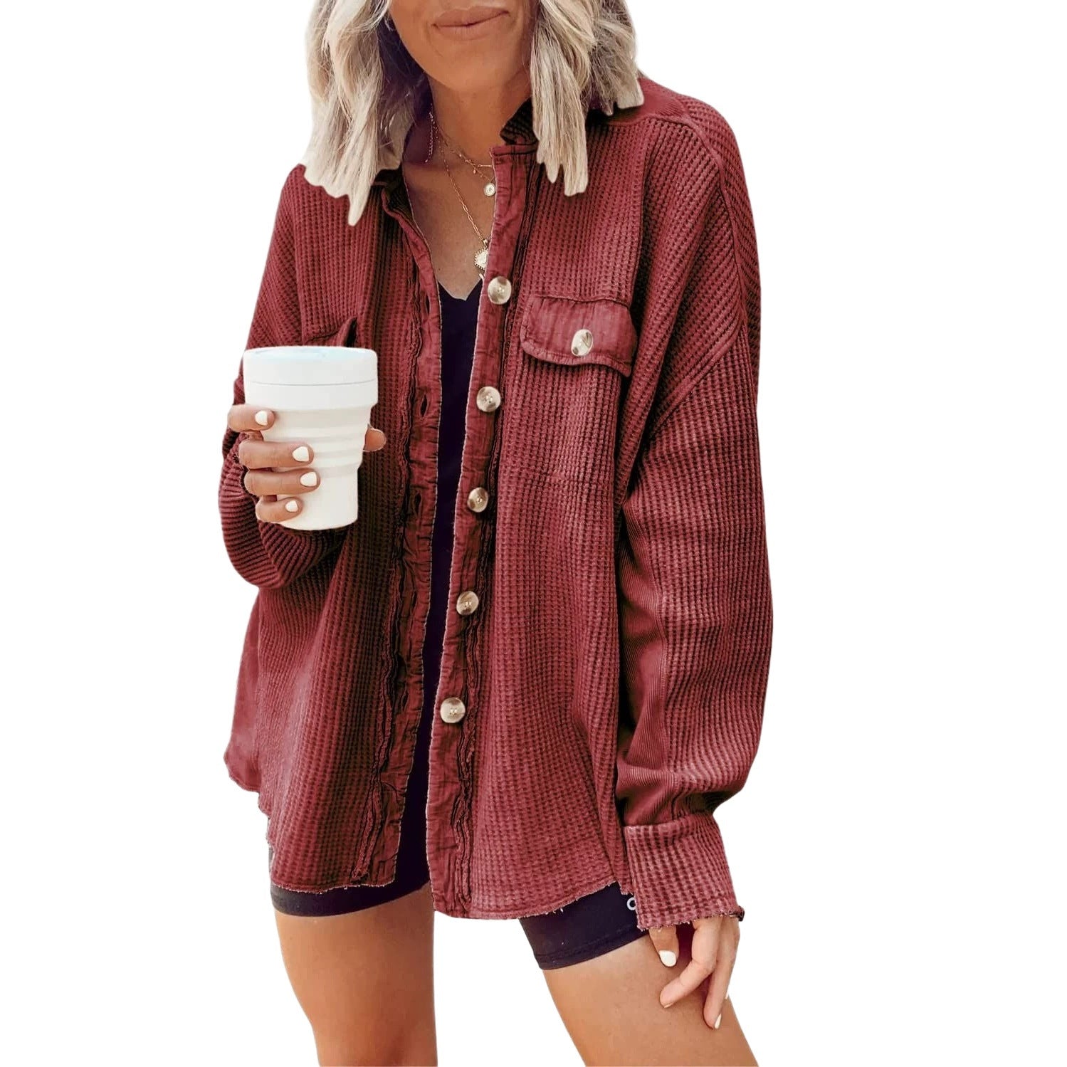 Women’s Waffle Knit Overshirt with Button Placket and Breast Pocket Chichicherry