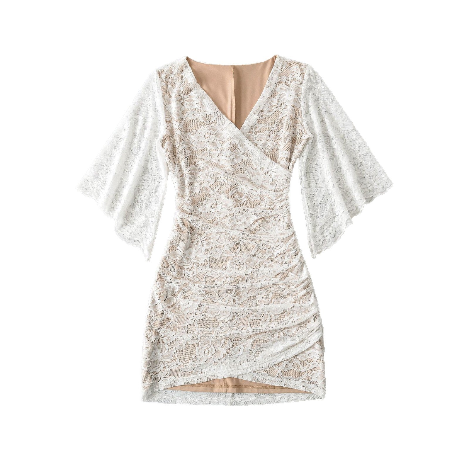 Women's lace wrap dress with trumpet sleeves and gathered silhouette Chichicherry