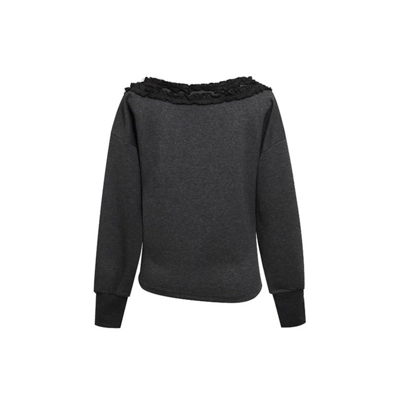 Women's sweatshirt with off-the-shoulder neckline, lace ruffle, and side gathers Chichicherry