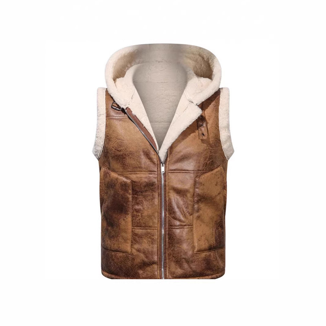 Men's hooded vest in lambskin look with teddy lining, zipper and large flap pockets Chichicherry