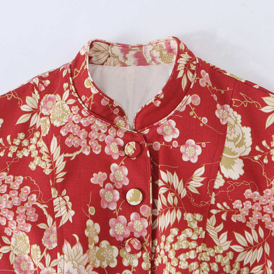 Women's fitted blouse jacket with stand-up collar and floral jacquard look Chichicherry