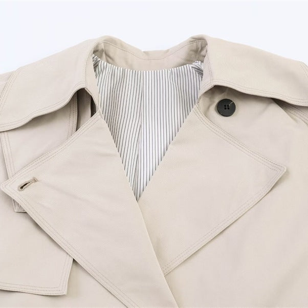 Women's short cut oversized trench coat with belt and double-breasted button placket Chichicherry
