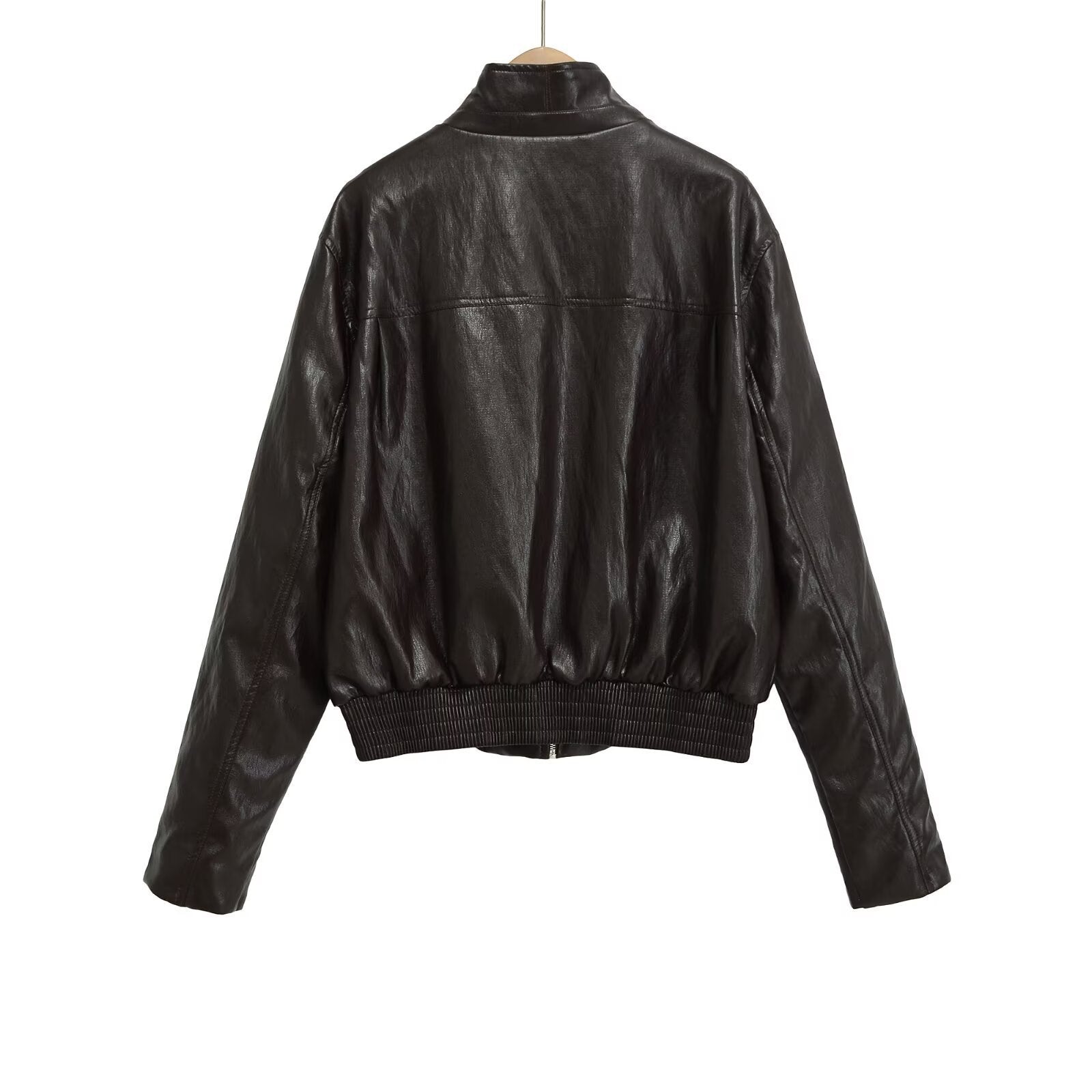 Women's short jacket in vintage leather look with stand-up collar, zipper and wide ribbed cuffs Chichicherry