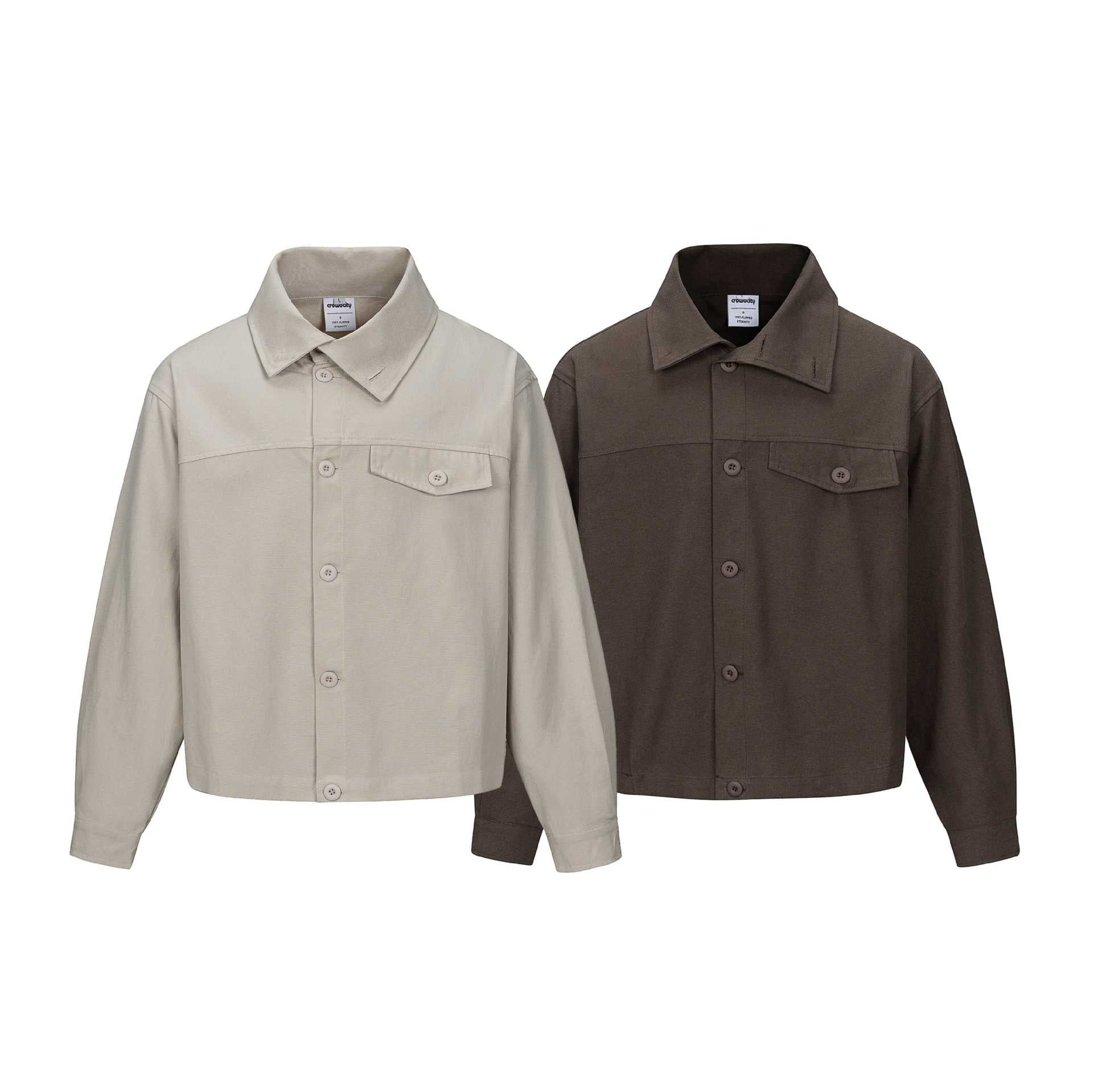 Unisex Short Cut Boxy Shirt Jacket with Continuous Button Placket and Flap Pocket Chichicherry