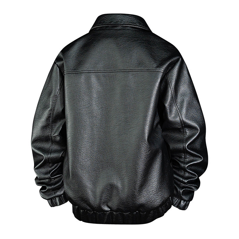 Men's faux leather bomber jacket with shirt collar, elastic waistband, and concealed zipper Chichicherry