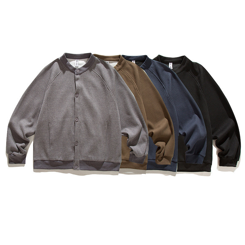 Men's waffle texture bomber-style cardigan with raglan sleeves and button placket Chichicherry