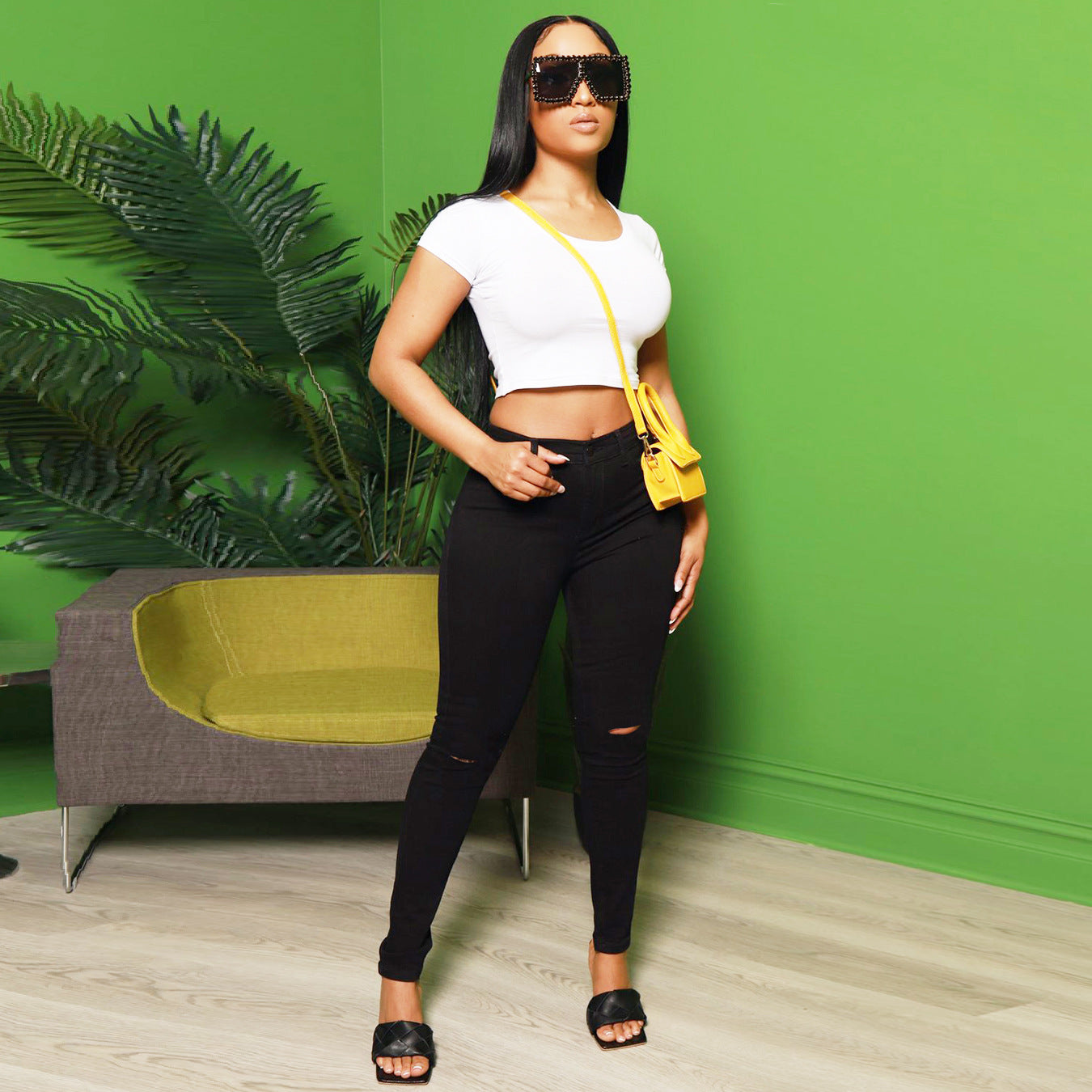 Women's Waist-Cinching Superstretch Skinny Jeans with Knee Cutouts Chichicherry