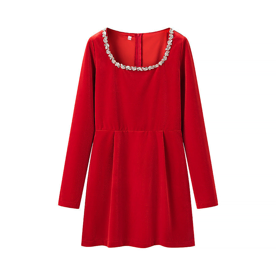 Women’s velvet dress with tailored corset, square neckline, and floral trim Chichicherry