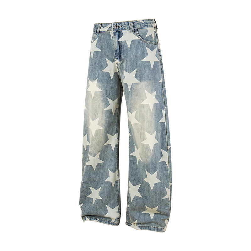 Women's Wide High-Waist Culotte Jeans with High Waist and Allover Star Print Chichicherry