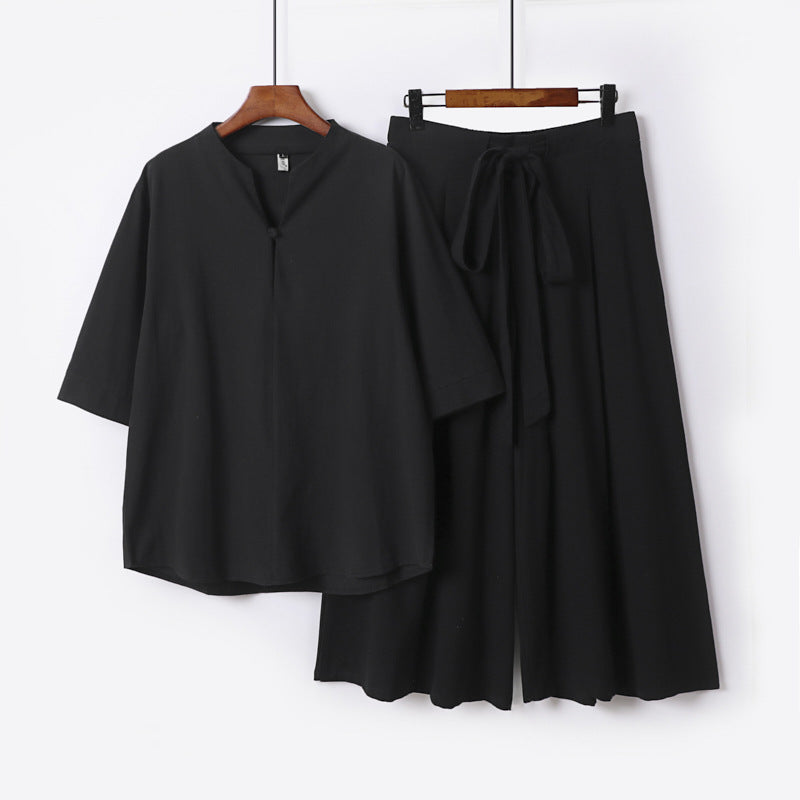 Women's Casual Linen-Viscose Lounge Set with Stand Collar Top and Wide Palazzo Pants Chichicherry