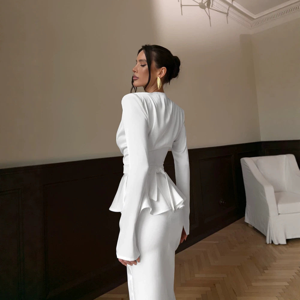 Ladies Tailored Evening Dress with Peplum Waist and Long Sleeves Chichicherry