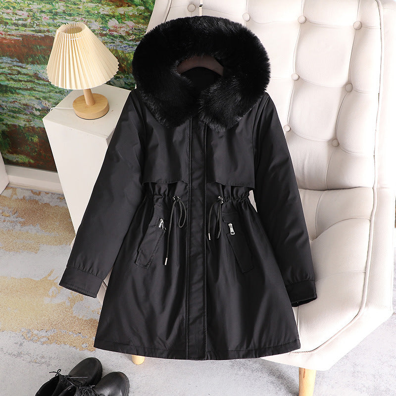 Women's mid-length water-repellent parka with voluminous faux fur collar, waistband drawstring, and multifunctional flap pockets Chichicherry