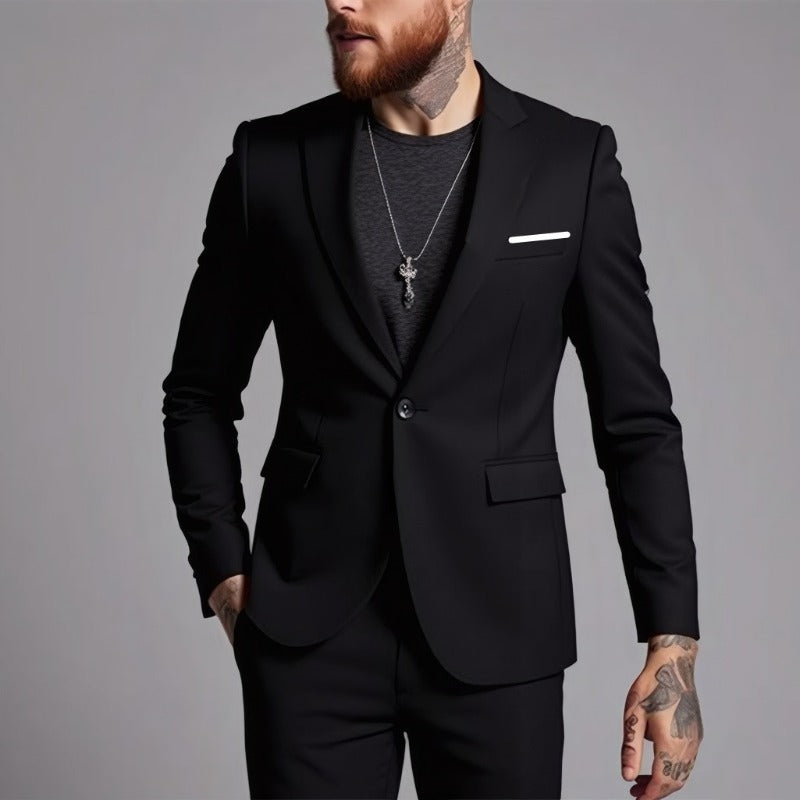 Men's Tailored One-Button Blazer made of Stretch Fabric with Narrow Lapels and Flap Pockets Chichicherry