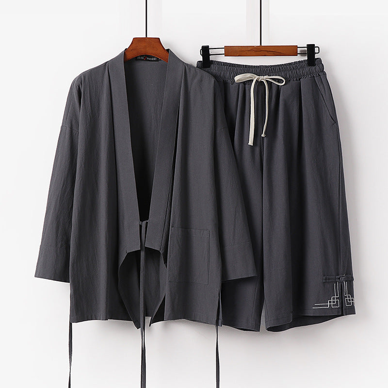 Women's Zen-Kimono-Lounge-Set made of breathable cotton blend with tie waist jacket and wide culotte pants Chichicherry