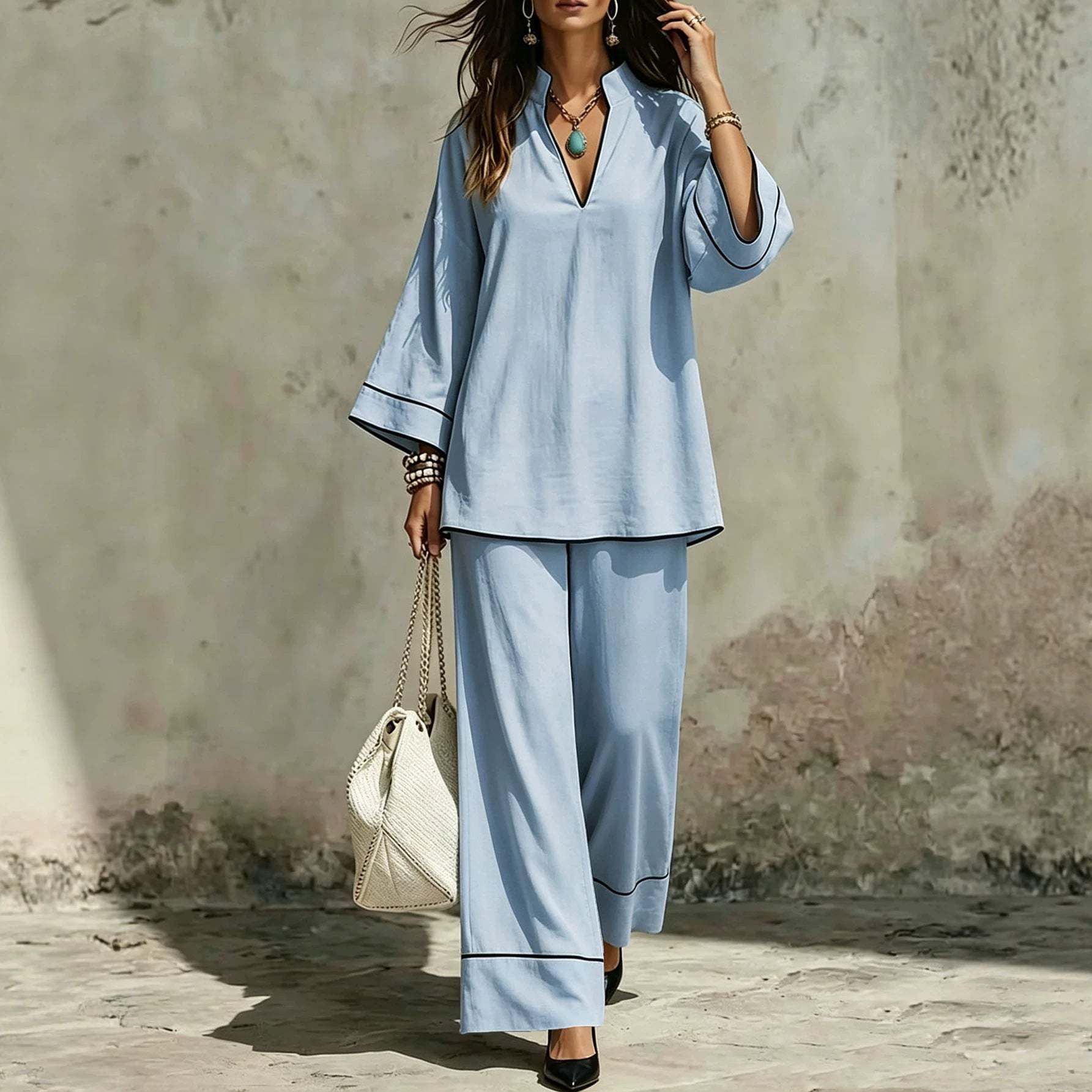 Damen Lässiges zweiteiliges Leinenoptik-Loungewear-Set mit Stehkragen, V-Ausschnitt und weitem Beinschnitt Chichicherry